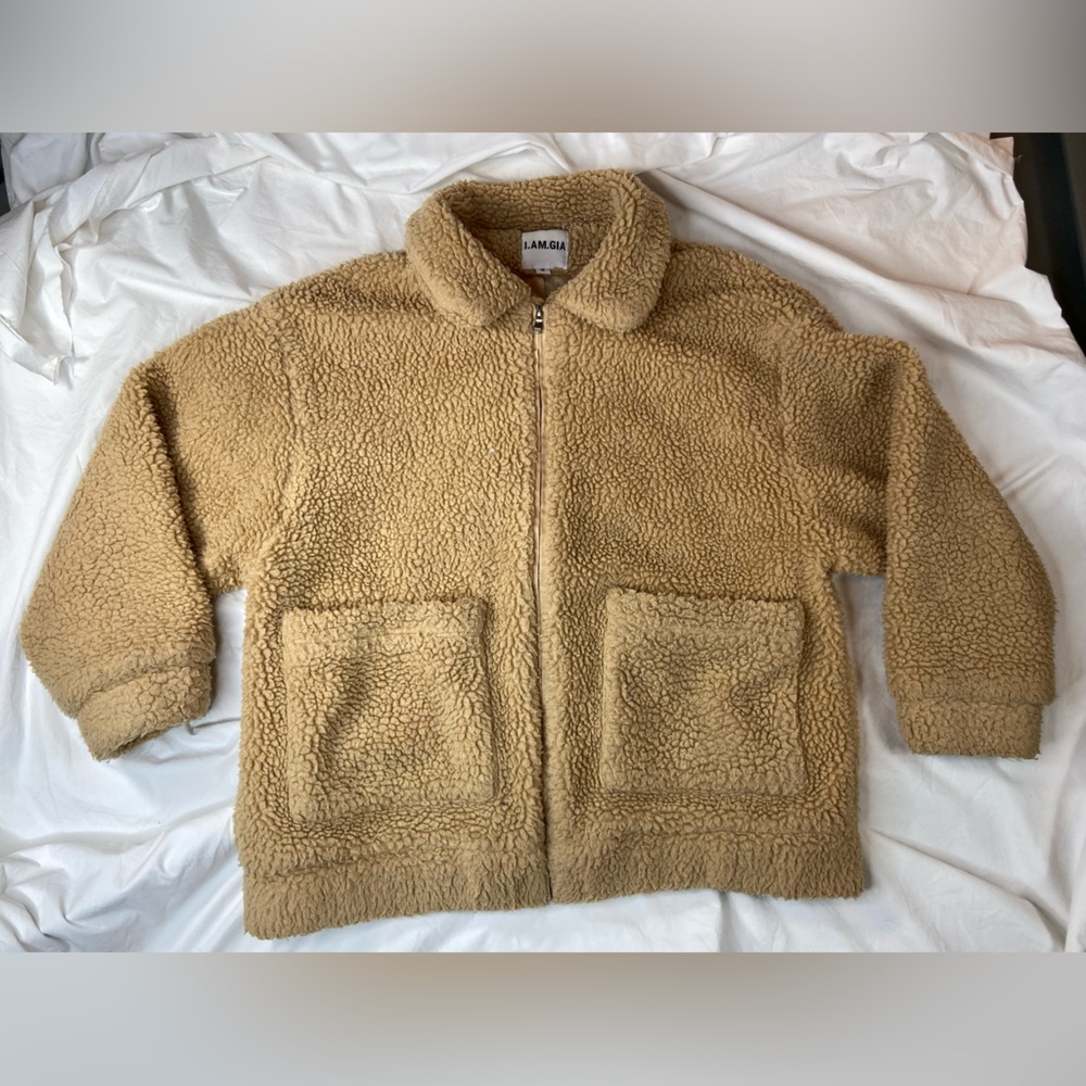 LAM.GIA Cozy Faux Sherpa Pixie Teddy Zip Jacket Camel Size Small